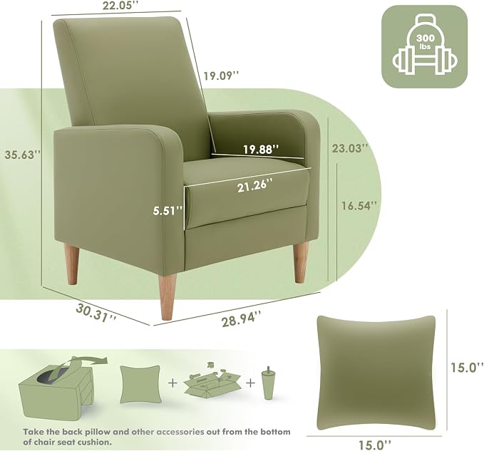 COLAMY Mid-Century Modern Accent Chairs Set of 2, Faux Leather Upholstered Living Room Chairs with Back Pillow & Solid Wood Legs, Comfy Armchair for Living Room, Bedroom, Single Sofa, Light Green