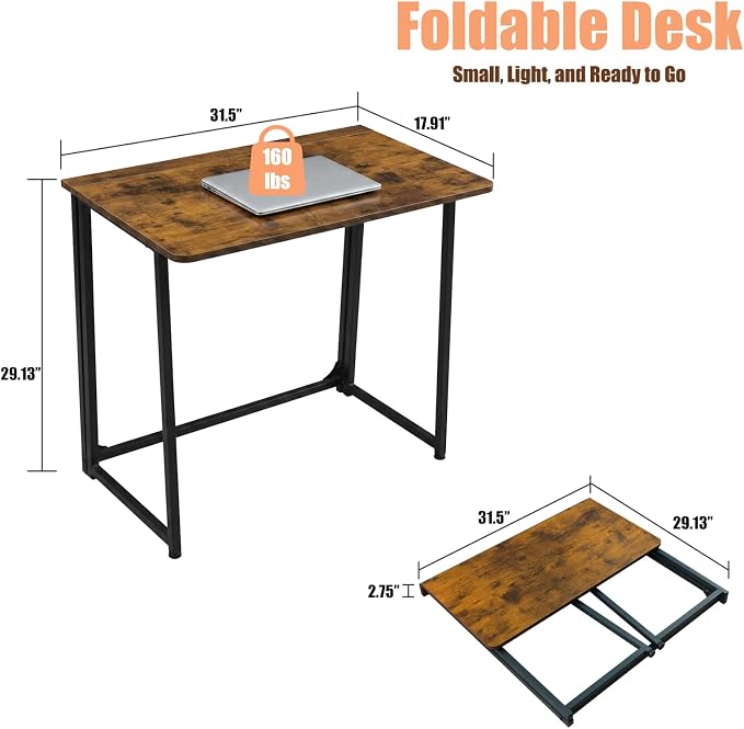 31.5" Folding Desk for Small Spaces, Foldable Computer Table for Home Office, Study,Bedroom,Dorm,Craft, Space Saving,Small Writing Work Office Compact Computer Desk,Easy Assembly,Rustic Brown