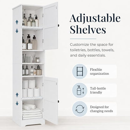 Viaozutis Tall Bathroom Storage Cabinet, Slim Freestanding Cabinet with Adjustable Shelves, Vertical Storage Organizer for Small Bathrooms, Toilet Paper & Daily Essentials Storage（White）
