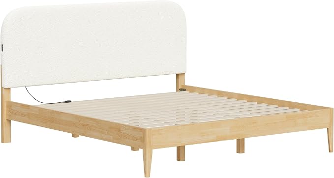 KISLOT Wood Bed Frame with USB & Type-C Charging, Boucle Platform Bed with Upholstered Headboard Mattress Foundation No Box Spring Needed Easy Assembly