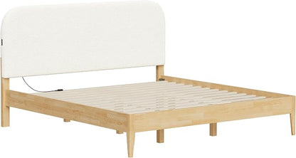 KISLOT Wood Bed Frame with USB & Type-C Charging, Boucle Platform Bed with Upholstered Headboard Mattress Foundation No Box Spring Needed Easy Assembly