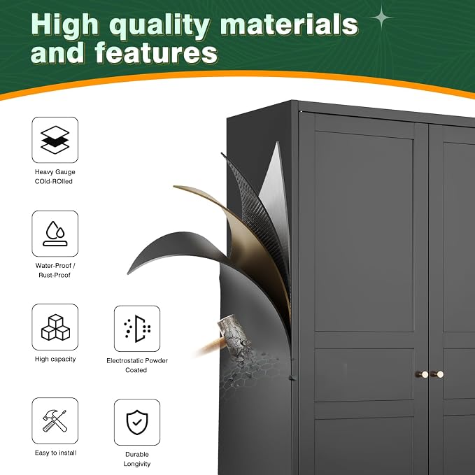 Letaya Metal Wardrobe Cabinets,18" Deep Clothing Storage Cabinet with Doors and Shelves,for Home Room,Fire Department, School, Employee,Gym,Government (Black)