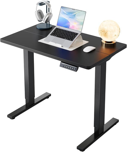 HUANUO 32x19 Inch Small Electric Standing Desk, Adjustable, Black | Compact Home Office Desk, 176lbs Heavy Duty Lifting with 4 Height Presets. M8 Screw Holes Ready for DIY Mobile Wheels