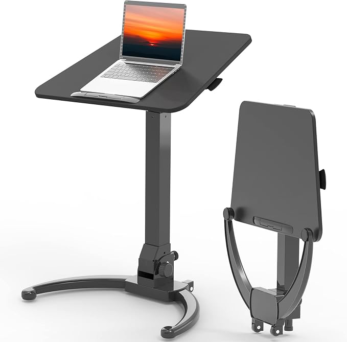 JOY worker Foldable Mobile Standing Desk, Height Adjustable Sit Stand Desk, 90° Tiltable Rolling Laptop Table, Portable Workstation with Non-Slip Mat for Home Office, Holds Up to 22lbs, Black