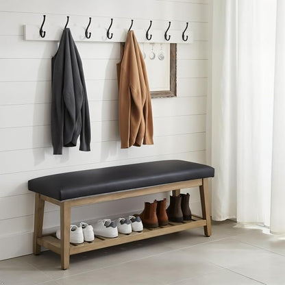 Zihanhome Entryway Bench, PU Leather Upholstered Shoe Benches for Bedroom, Ottoman Bench with Solid Wood Shelf, Storage Bench for Hallway, Living Room(Black)