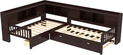 Bellemave L Shaped Corner Bed for 2 Kids, Double Twin Platform BedFrame with Trundle and Shelves, Espresso
