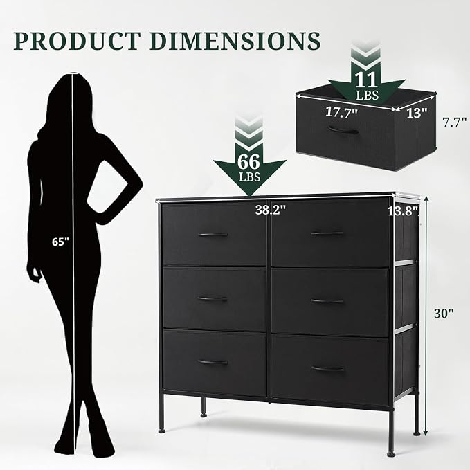 6-Drawer Dresser for Bedroom, Anti-Tip Wide Storage Organizer Chest of Drawers with Wooden Top and Metal Frame Fabric Bins for Closet, Living Room, Hallway, Entryway, Black