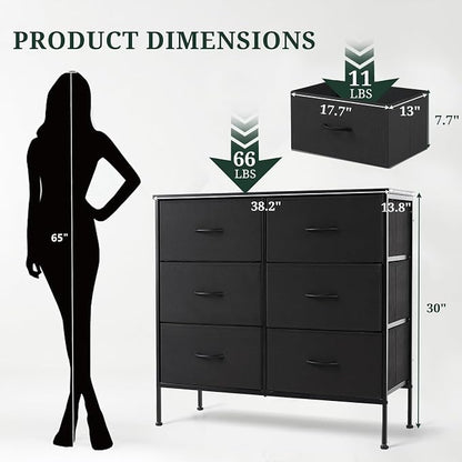 6-Drawer Dresser for Bedroom, Anti-Tip Wide Storage Organizer Chest of Drawers with Wooden Top and Metal Frame Fabric Bins for Closet, Living Room, Hallway, Entryway, Black