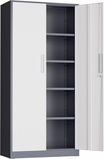 Incbruce 72” Metal Storage Cabinet, Garage Cabinets and Storage System with Doors and Shelves, Tall Lockable Tool Cabinet for Garage, Office, Home (Grey White)