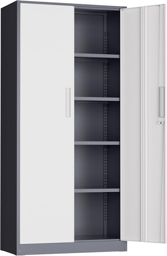Incbruce 72” Metal Storage Cabinet, Garage Cabinets and Storage System with Doors and Shelves, Tall Lockable Tool Cabinet for Garage, Office, Home (Grey White)