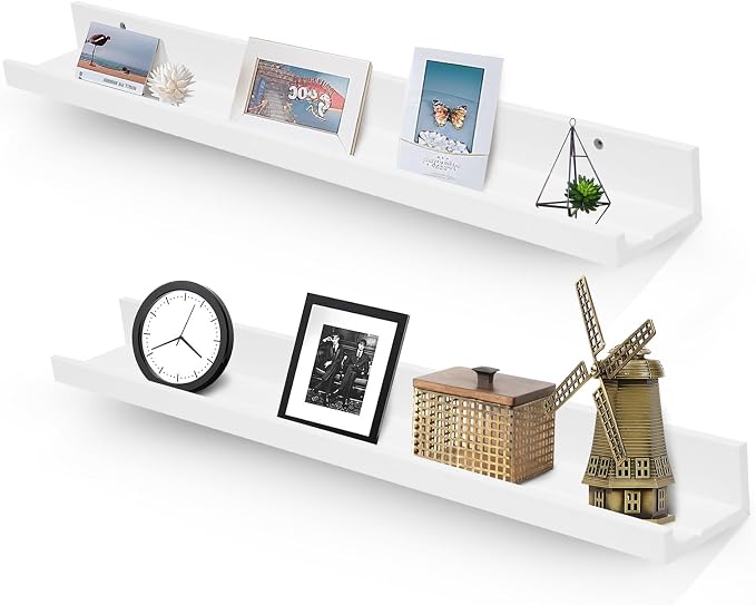 Muzilife 35.4" Large Floating Wall Ledge Shelves with Lip - Set of 2 Wood Floating Shelves - White Wall Mounted Picture Ledge for Office, Bathroom, Bedroom, Living Room, Kitchen