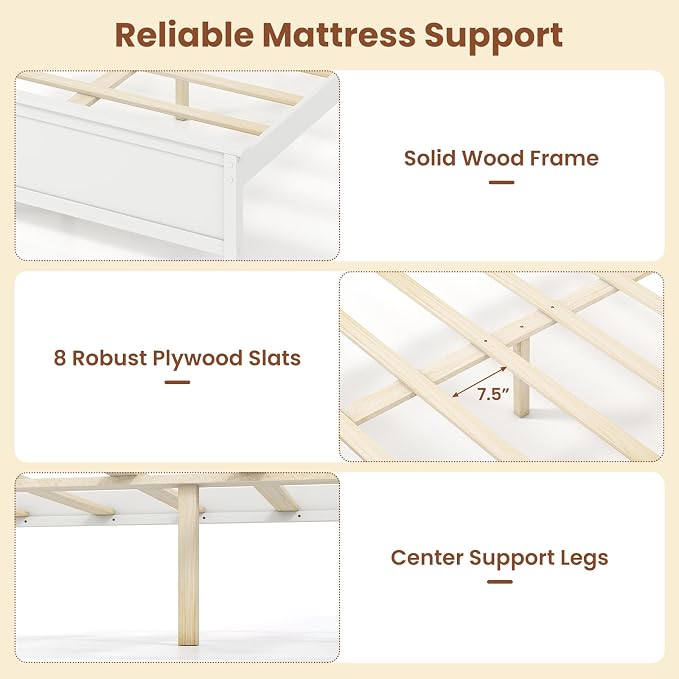 Giantex Full Size Wooden Bed Frame with Headboard, Wood Slat Support | Farmhouse Platform Bed with Heavy Duty Mattress Foundation, Under-Bed Storage, No Box Spring Needed, Easy Assembly (White)