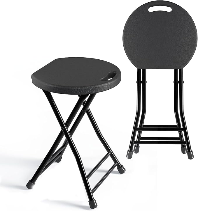 Folding Stool with Handle, Pack of 2 Folding Bar Stool with Non-Slip Feet, 18 Inch Foldable Stool for Camping, Indoor and Outdoor Stools, Black