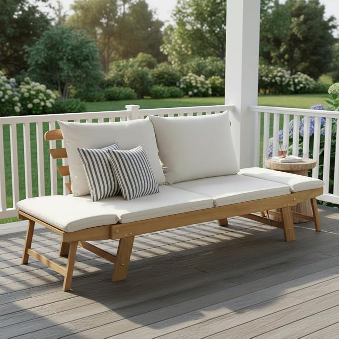 Tangkula Convertible Acacia Wood Patio Couch Sofa Bed with Adjustable Armrest, Outdoor Daybed with Cushion & Pillows, Outside Folding Futon Sofa Couch Bench for Porch, Courtyard, Poolside & Garden
