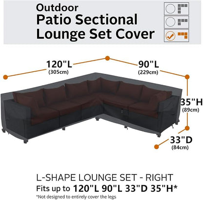Heavy Duty Outdoor Sectional Sofa Cover, 120"X90" L-Shaped Waterproof 600D Patio Furniture Covers, Lawn Patio Couch Cover (Midnight Black, L-Shaped-Right Facing-120x90)