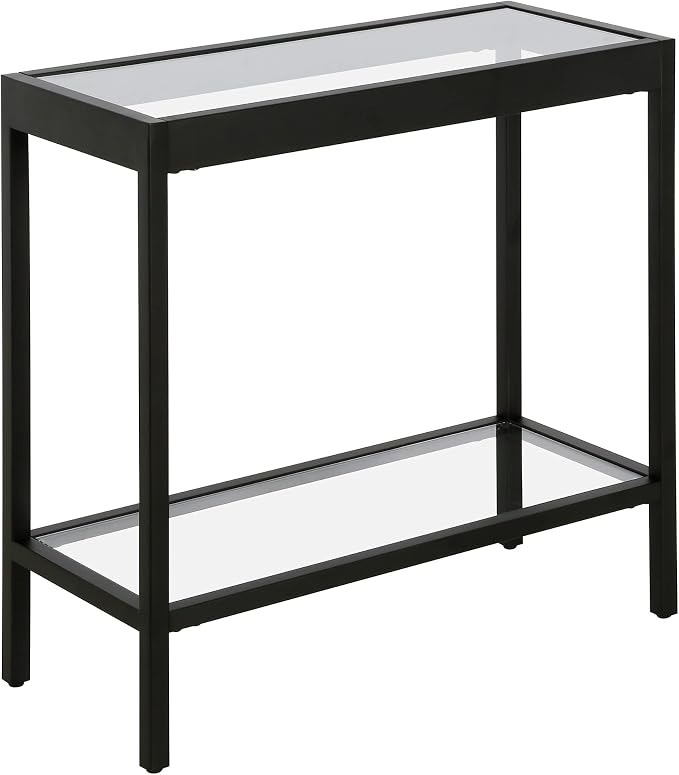 Henn&Hart 24" Wide Rectangular Rectangular Side Table in Blackened Bronze, Table for Living Room, Bedroom | Two-tiered glass shelves with a metal frame, offering open display space for living rooms, offices, or bedrooms