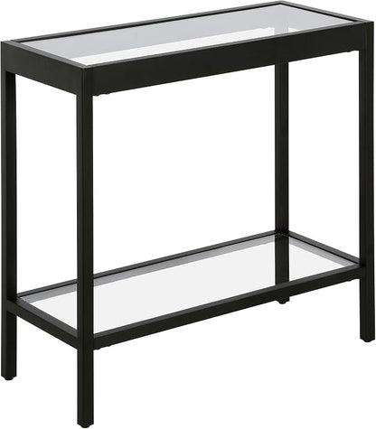 Henn&Hart 24" Wide Rectangular Rectangular Side Table in Blackened Bronze, Table for Living Room, Bedroom | Two-tiered glass shelves with a metal frame, offering open display space for living rooms, offices, or bedrooms