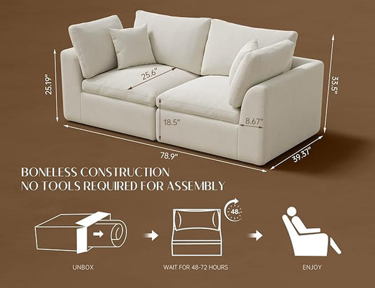 ohllob 78.9" Loveseat Sofa, Cloud Boneless Couches for Living Room, Modern Modular Sectional Sofa, Oversized, Warm White