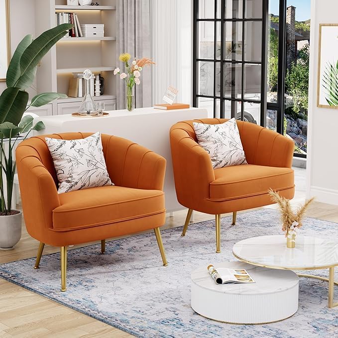 Andeworld Velvet Accent Chair Set of 2, Upholstered Modern Single Sofa Side Chair,Comfy Barrel Club Living Room Armchair with Golden Metal Legs for Bedroom Living Reading Room Office, Orange