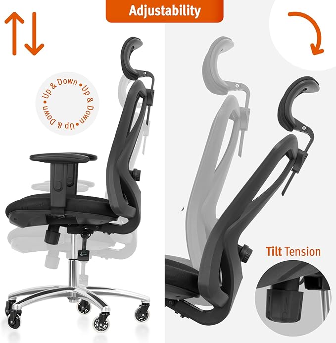 Duramont Ergonomic Office Chair | Adjustable Desk Chair with Lumbar Support and Rollerblade Wheels | High Back Chair with Breathable Mesh | Thick Seat Cushion