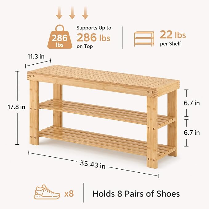 Shoe Rack Bench, 3-Tier Shoe Storage Organizer for Entryway , Shoe Shelf for Small Spaces, Multi-Functional Side Table Plant Stand, Shoe Stand for Bedroom, Living Room, Closet, Front Door, Natural