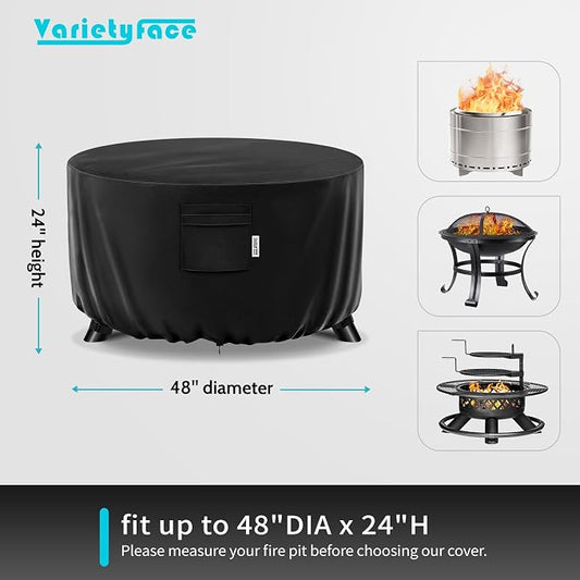 48" Round Fire Pit Cover – Heavy-Duty Waterproof Oxford, Buckle Straps, Air Vents & Drawstring – Windproof & UV-Resistant for Worry-Free Year-Round Protection on Patio Fire Pits & Tables