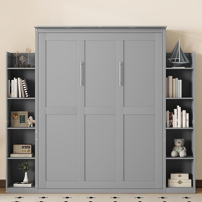 MERITLINE Queen Murphy Bed with Storage and LED Lights, Wood Grey Murphy Wall Bed Cabinet with Shelves Bookcase Bookshelf for Adults (Grey,Queen)