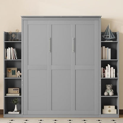 MERITLINE Queen Murphy Bed with Storage and LED Lights, Wood Grey Murphy Wall Bed Cabinet with Shelves Bookcase Bookshelf for Adults (Grey,Queen)
