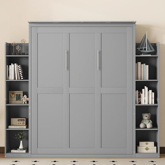MERITLINE Queen Murphy Bed with Storage and LED Lights, Wood Grey Murphy Wall Bed Cabinet with Shelves Bookcase Bookshelf for Adults (Grey,Queen)