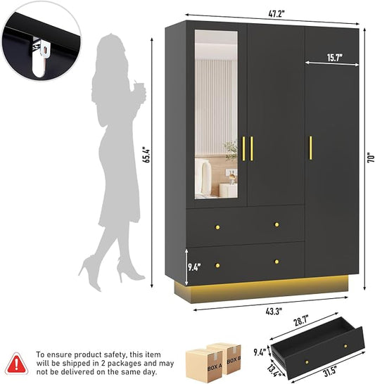 jiteentarou 3 Door Wardrobe Closet with Mirror and LED Lights, Bedroom Armoire with Drawers Shelves, Modern Wooden Armoire Wardrobe Closet with Hanging Rod for Bedroom, Black