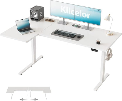Klicelor L Shaped Standing Desk, 55 Inch Electric Height Adjustable Desk with Memory Preset, Reversible Sit Stand Up Computer Workstation for Home Office, Splice Board, White