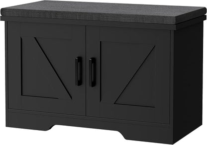 HOMSHO Farmhouse Shoe Storage Bench with 2 Barn Doors & Padded Seat Cushion | 27.6" Wide Entryway Bench with Adjustable Shelves & Hidden Storage, Black