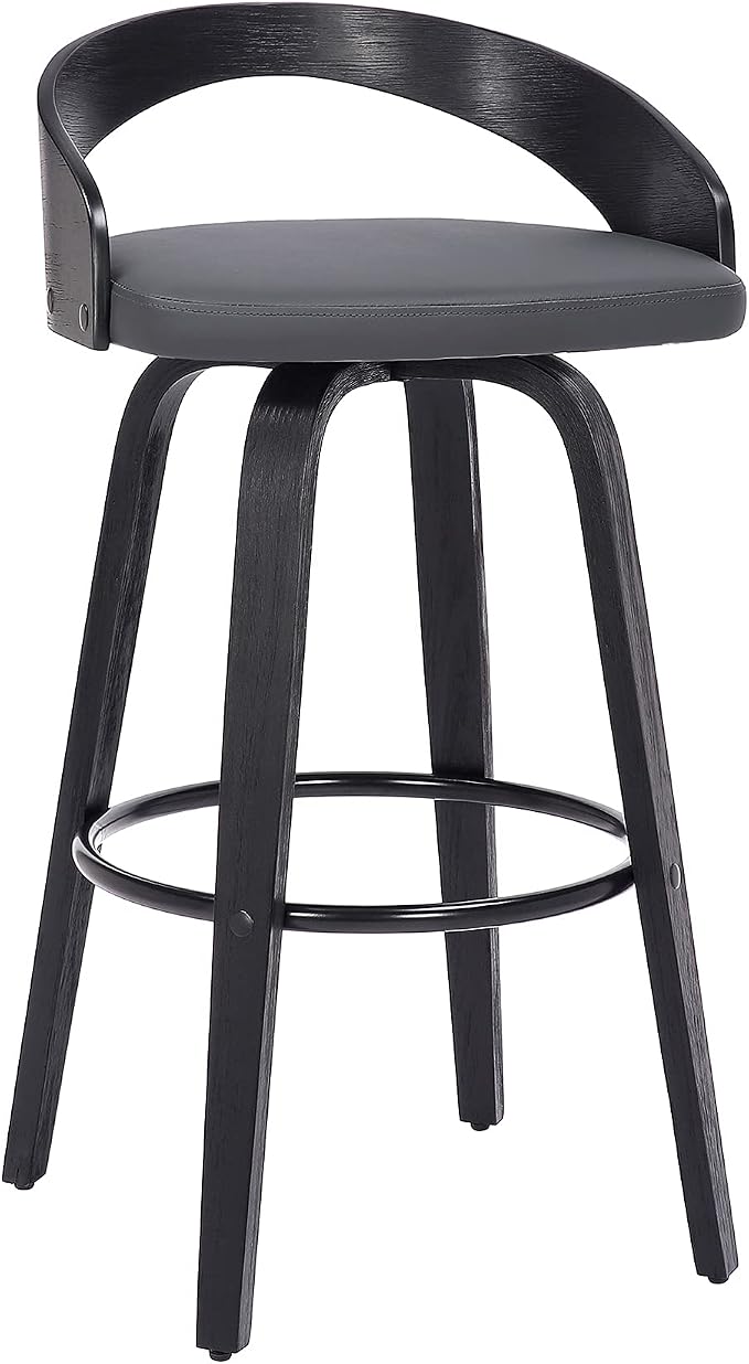 Armen Living Sonia 26" Counter Height Swivel Gray Faux Leather and Black Wood Bar Stool