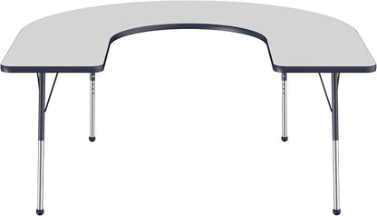 FDP Horseshoe Activity School and Office Table (60 x 66 inch), Standard Legs with Ball Glides for Collaborative Seating Environments, Adjustable Height 19-30 inches - Gray Top and Navy Edge