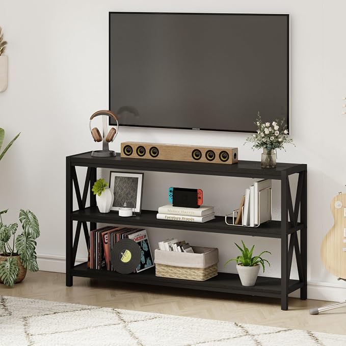 FATORRI Console Table for Entryway, Long Sofa Table with Shelves Under Window, Wood and Metal Hallway Tables for Foyer (55 Inch, Black)
