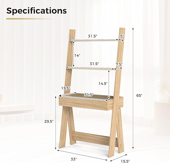 Tangkula Ladder Desk with Countertop & Drawer, Home Office Computer Laptop Table with Open Shelves & Anti-Tip Kits, Wall-Leaning Compact Working Station for Small Spaces (Natural)