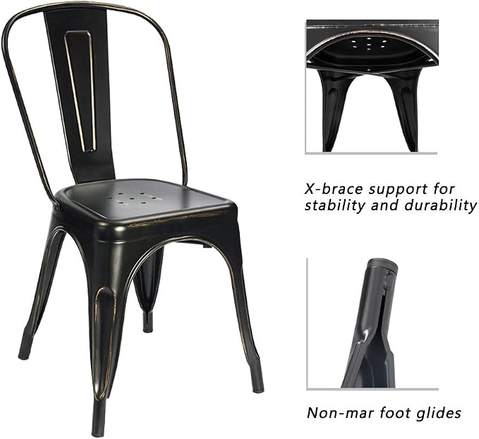 Devoko Metal Indoor-Outdoor Chairs Distressed Style Kitchen Dining Chairs Stackable Side Chairs with Back Set of 4 (Black Gold)