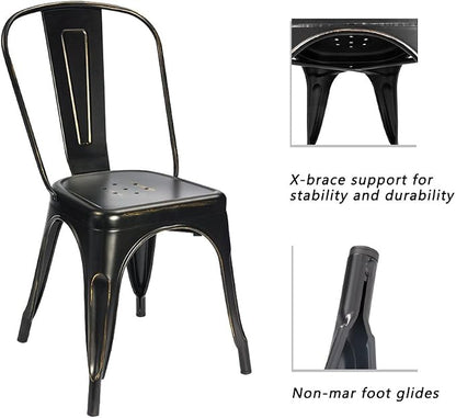 Devoko Metal Indoor-Outdoor Chairs Distressed Style Kitchen Dining Chairs Stackable Side Chairs with Back Set of 4 (Black Gold)