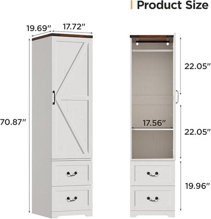 Vabches 71” Tall Farmhouse Armoire Wardrobe Closet, Rustic Narrow Wooden Cabinet for Clothing with Single Door (Reversible Hinge), 2 Large Storage Drawers, Hanging Rod & Adjustable Shelf