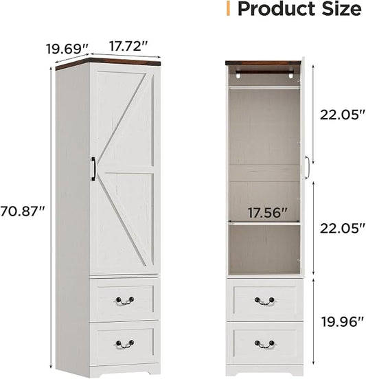 Vabches 71” Tall Farmhouse Armoire Wardrobe Closet, Rustic Narrow Wooden Cabinet for Clothing with Single Door (Reversible Hinge), 2 Large Storage Drawers, Hanging Rod & Adjustable Shelf