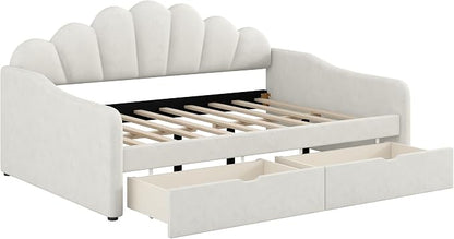 Ball & Cast Full Size Daybed with Two Storage Drawers,Velvet Upholstered Day Bed Frame Full with Shall Shaped Backrest and Wood Slat Support,No Box Spring Needed,Beige