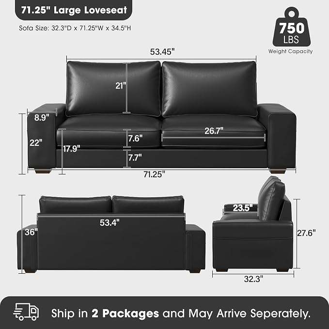 Valthie Faux Leather Couch, Mid Century Modern Comfy Loveseat Sofa with Wide Arm, Side Pockets, Solid Wooden Frame for Office, Living Room and Bedroom, 2 Seater (Black, 71.25 Inches)