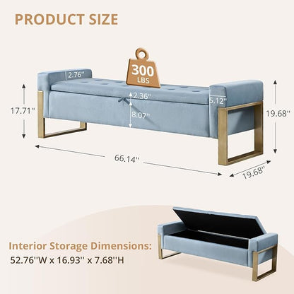 67'' End of Bed Storage Bench, Storage Ottoman Bench for Bedroom King Size, Modern Velvet Bed Benches for Foot of Beds with Gold Legs for Window Living Room Entryway, Light Blue
