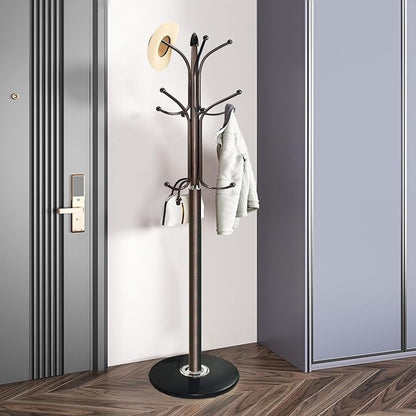 Kertnic Freestanding Coat Rack Stand, Heavy Duty Metal Hall Tree with 12 Hooks, 70 Inch Tall Stable Coat Hanger with 14.6" Natural Marble Base, Entryway Organizer for Coats Bags Hats Purses (Bronze)