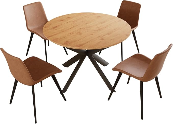 HIPIHOM 43.2"-59.1" Round Extendable Table with 4 PU Chairs | Mid century modern dining set, oak MDF tabletop, sturdy metal legs, space saving, for kitchen & coffee room