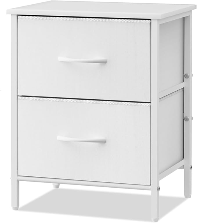 Stero Nightstand, Kids Dresser with 2 Drawers, Steel Frame Bedside Furniture, Wood Top Fabric Night Stand, Colorful End Table for Home, Bedroom, Office White