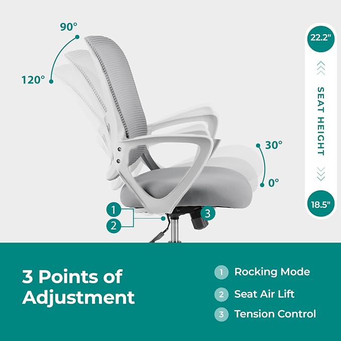 OLIXIS Home Office Chair, Mid Back Computer Ergonomic Mesh Desk with Large Seat, Executive Height Adjustable Swivel Task with Lumbar Support and Armrest, for Adults, Grey