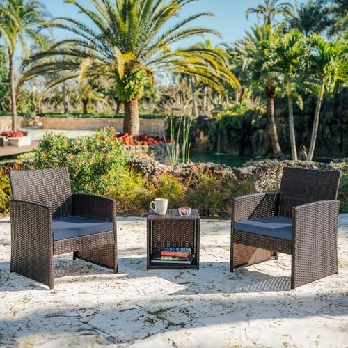 Nestl Wicker Patio Furniture Set - 3 Piece Bistro Table and Chairs Set of 2, Front Porch Furniture Set, Patio Chairs Set of 2, Outdoor Patio Set, Patio Conversation Sets (Brown/Navy)