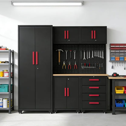 Garage Storage Cabinet System, 6-Pcs Garage Cabinets and Storage System Corner Workshop Set with Corner Cabinet, Cabinet Drawers, Workbench, Pegboard for Tool Organization, Black and Red