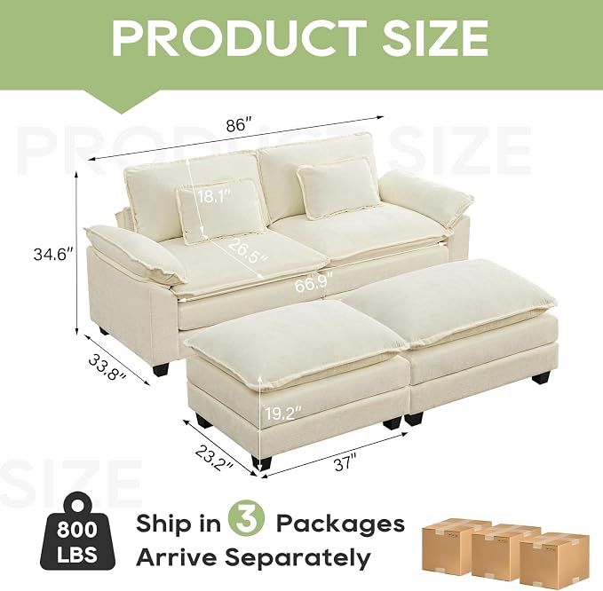 Oprisen 86" Modular Sectional Sofa, Comfy Cloud Couch Sectional Sofa with Ottoman, Chenille Sofa Sleeper Deep Seat Sofa with Throw Pillows for Living Room (Beige White)